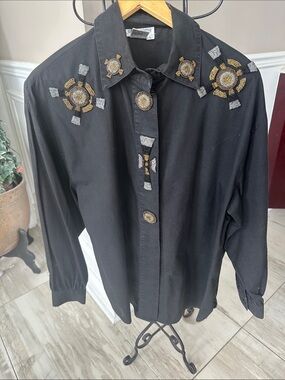 Black Beaded Embellished Button-Up Blouse - Regina Porter .Vintage